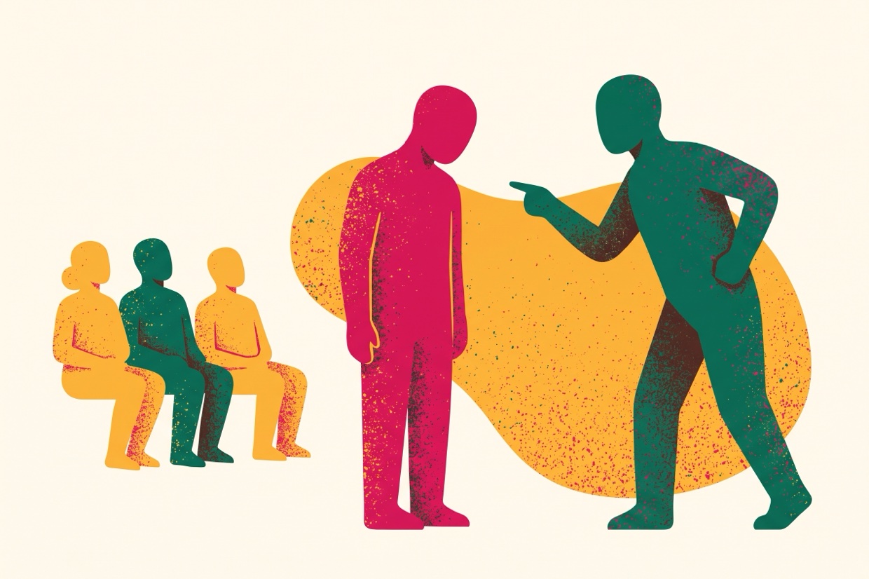 Une personne reprise devant un groupe qui assiste sans réagir