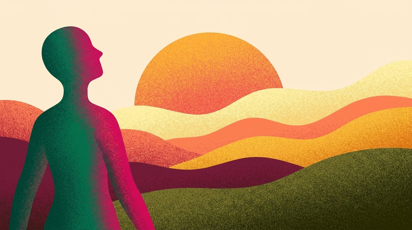 Illustration : une personne regarde vers un horizon aux couleurs chaudes